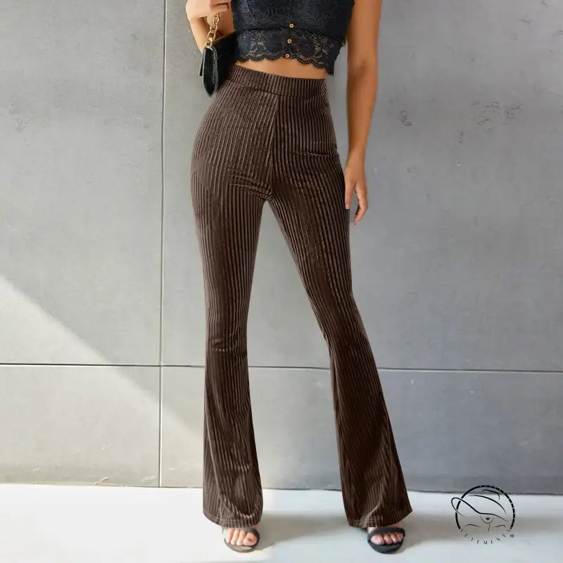 High waist pleuche sunken stripe brown corduroy flared pants
