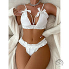 White bow pearl accessories two-piece lingerie set with pearl detail