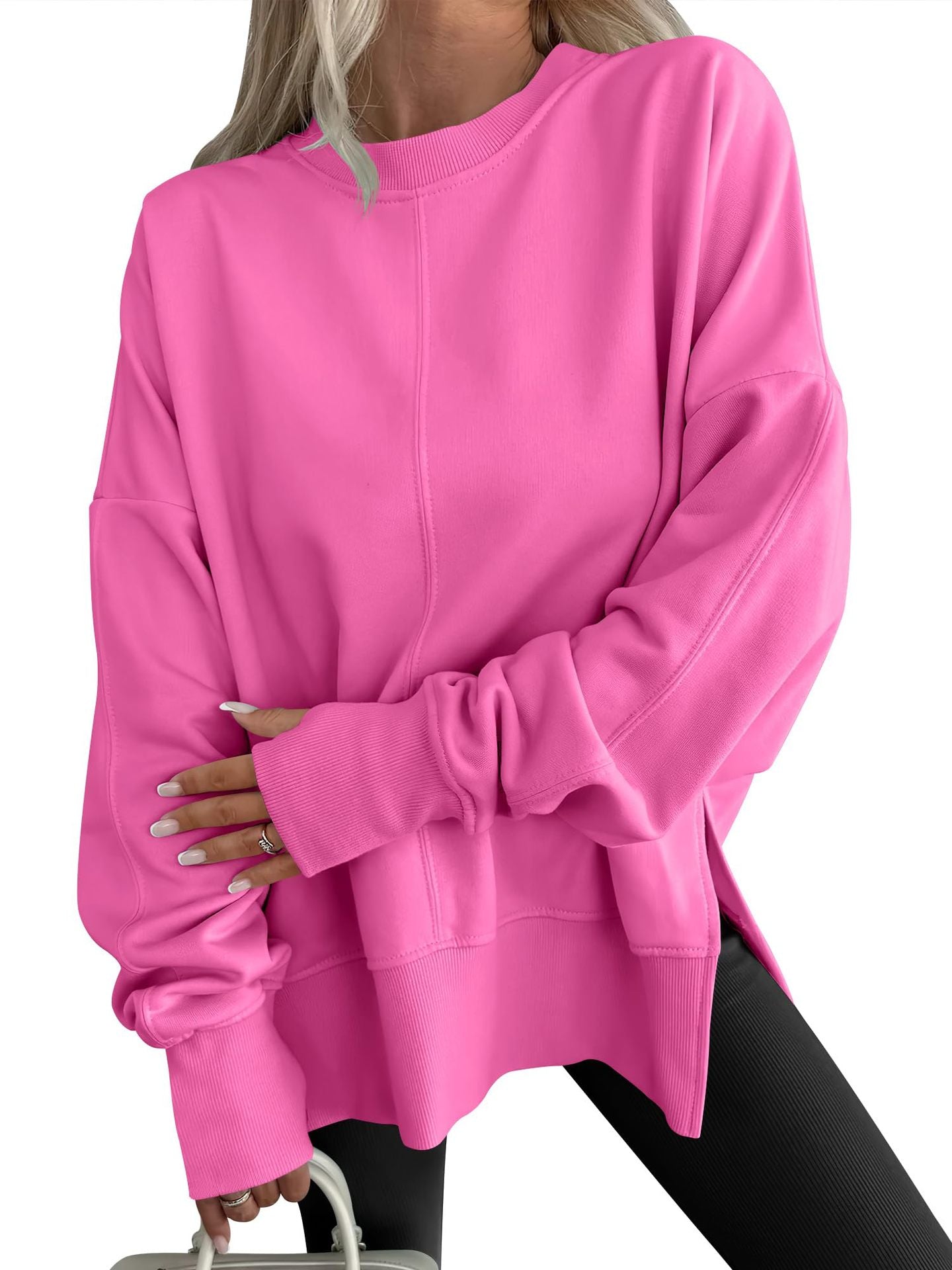 Hot pink langry casual loose round neck pullover sweatshirt with pockets