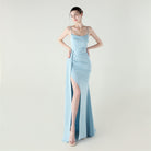 Elegant high slit evening dress in light blue satin, langry fashion