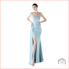 Elegant light blue satin high slit evening dress in langry fashion