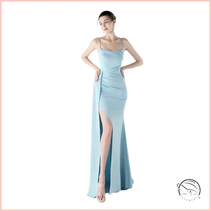 Elegant light blue satin high slit evening dress in langry fashion