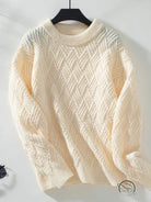 Winter retro crew neck knitwear: cream cable knit sweater with herringbone pattern
