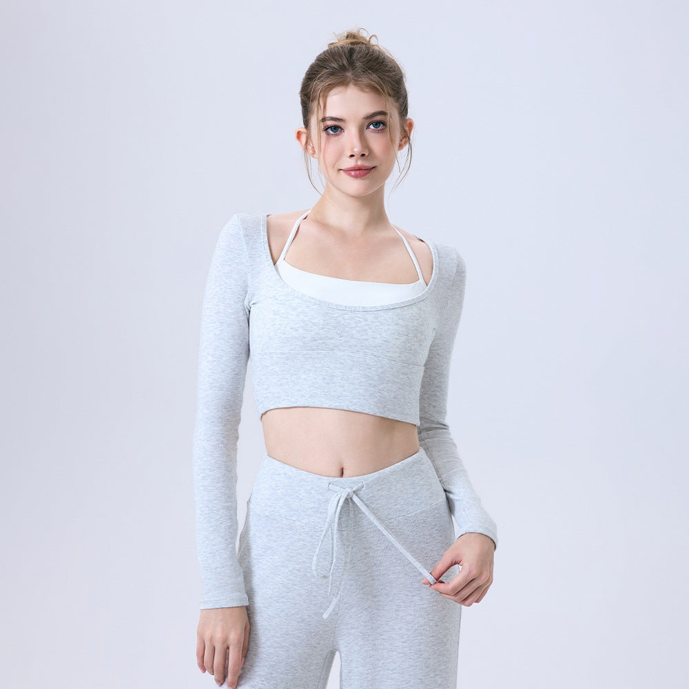Light gray langry fashion crop top with white square neckline for yoga running