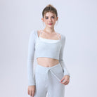 Light gray langry fashion crop top with white square neckline for yoga running