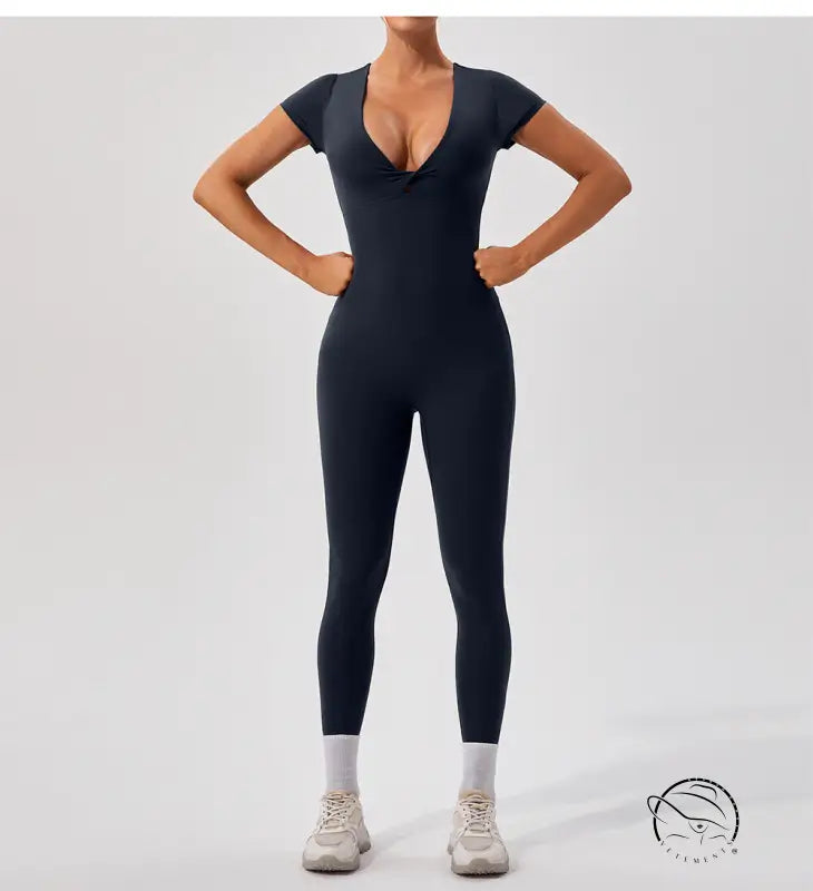Navy blue langry fashion yoga bodysuit with deep v-neck