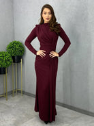 Sleek maroon maxi dress with high neckline and draped waist detailing