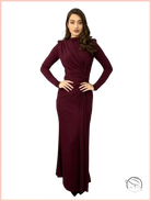 Sleek maroon maxi dress with high neckline and draped waist detailing