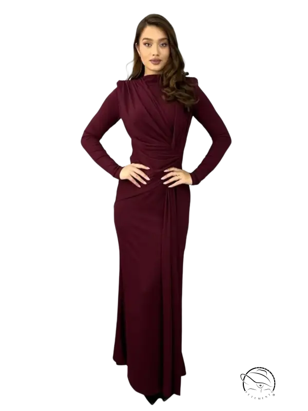Sleek maroon maxi dress with high neckline and fitted waist pleats