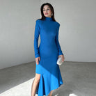 Elegant royal blue langry fashion slit dress with ruffled hem