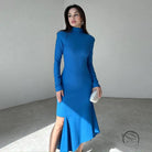 Elegant royal blue langry fashion dress with side slit and ruffled hem