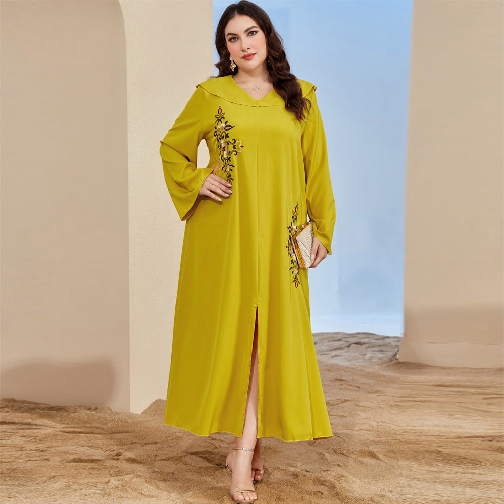 Yellow embroidered langry abaya with bell sleeves and side slit