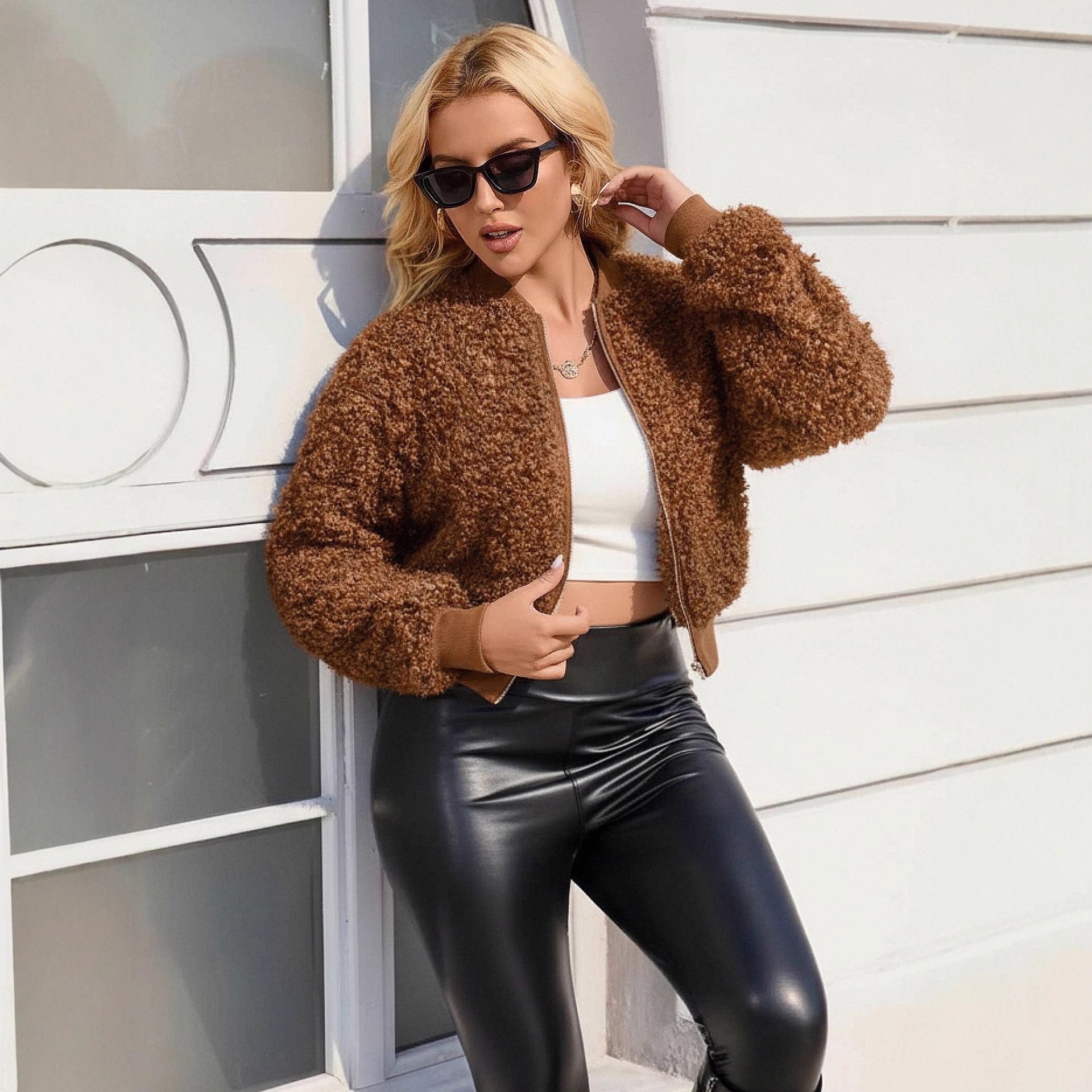 Langry fashion brown fluffy faux cashmere cropped varsity jacket