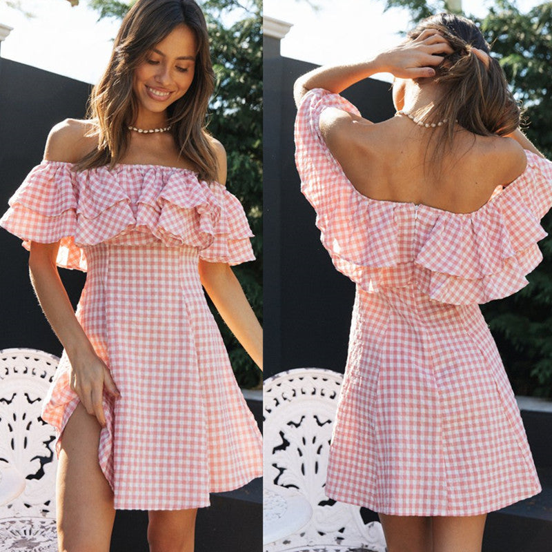 Elegant Plaid Off-shoulder Ruffled Collar Dress