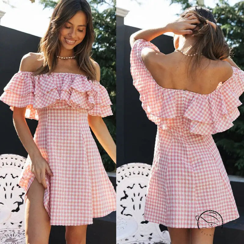 Elegant Plaid Off-shoulder Ruffled Collar Dress
