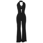 Langry fashion black halter deep V plunge backless jumpsuit with flared legs and waist cutout