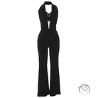 Black halter deep V plunge neck backless jumpsuit with flared legs and waist cutout in langry fashion