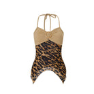 Langry fashion beige leopard-print halter one-piece swimsuit with ribbed top and metal accent