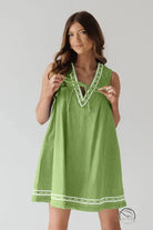 Beautiful embroidered vest denim dress in green with white trim