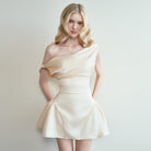 Langry fashion cream satin off-the-shoulder dress with ruffles and asymmetrical neckline
