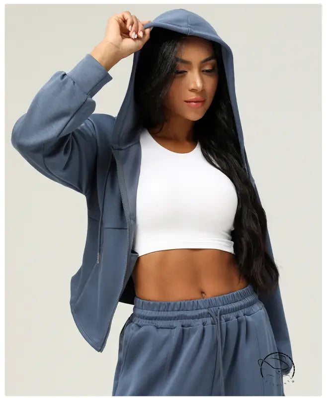 Blue hooded zip-up casual cardigan sweater