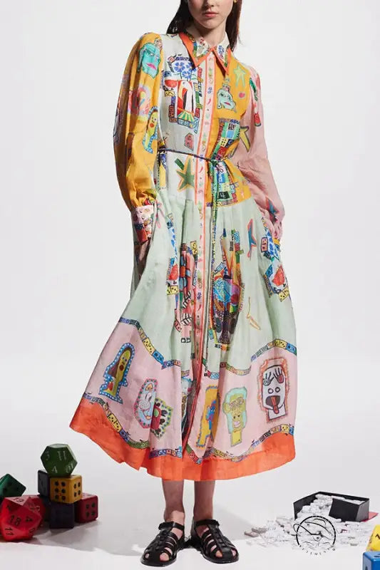 Single Breasted Long Lantern Sleeve Graffiti Printing Lace Up Large Swing Dress