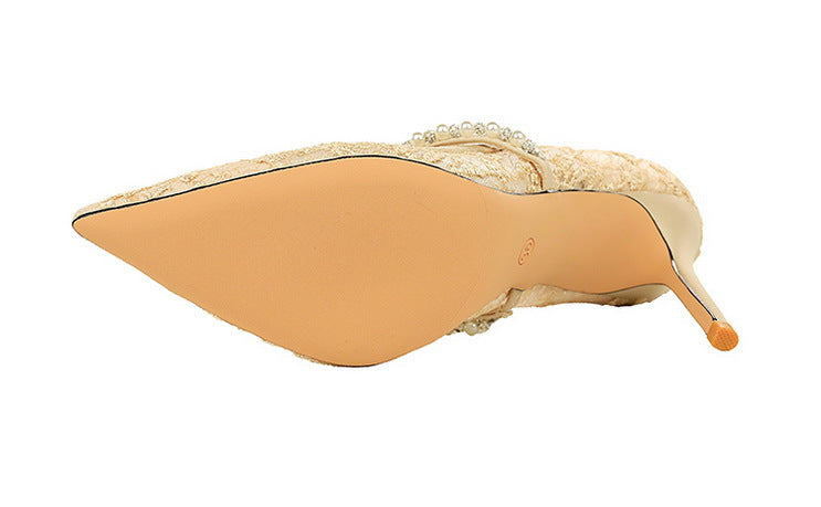 Langry fashion mesh rhinestone pearl strap stiletto high heels with gold glittery pointed toe