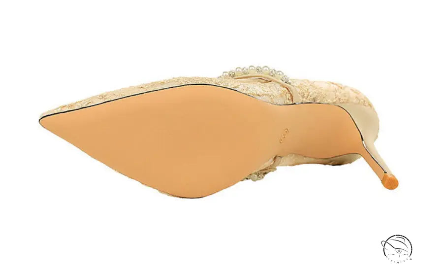 Langry fashion mesh rhinestone pearl strap stiletto high heels with gold glittery pointed toe