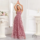 Mauve sleeveless mesh floral print evening gown with embroidery