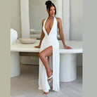 Elegant Halter Slit Pleated Backless Dress in White, a stylish langry fashion ملابس option