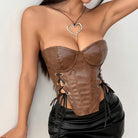 Langry fashion brown leather lace-up corset top with heart pendant
