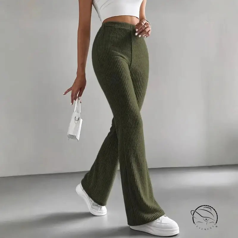 Casual knitted olive green ribbed flare Langry match pants