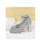 Waterproof Low Cut Square Toe Sequ Ankle Strap Shoes