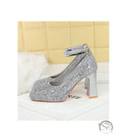 Waterproof Low Cut Square Toe Sequ Ankle Strap Shoes