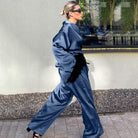 Langry fashion blue satin jumpsuit with black fur belt and high heels in ملابس winter feather set