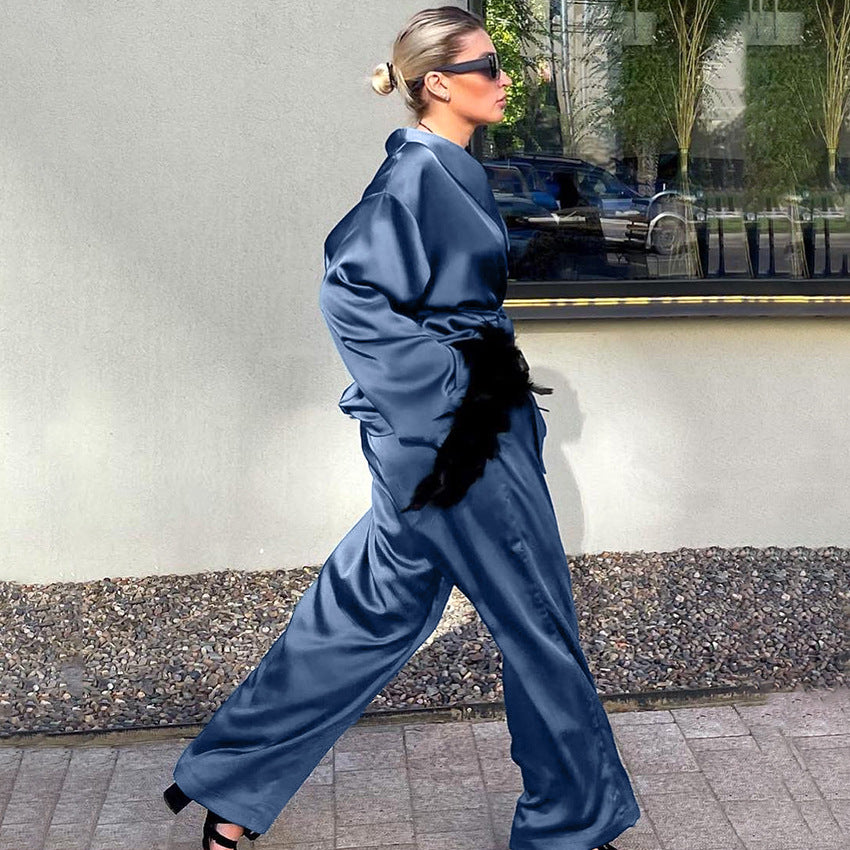 Langry fashion blue satin jumpsuit with black fur belt and high heels in ملابس winter feather set