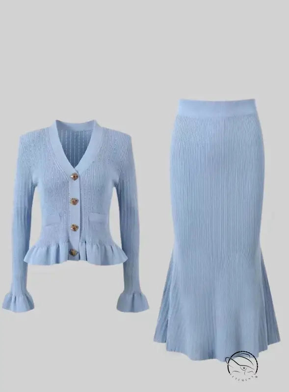 Elegant classic dress and skirt set in light blue knit