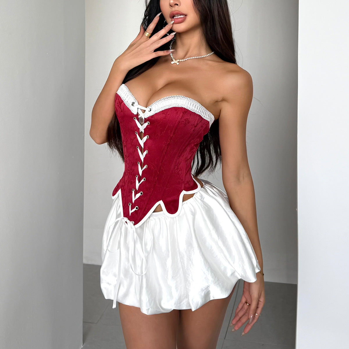 Retro elegant boning corset in langry fashion with red white lace-up design