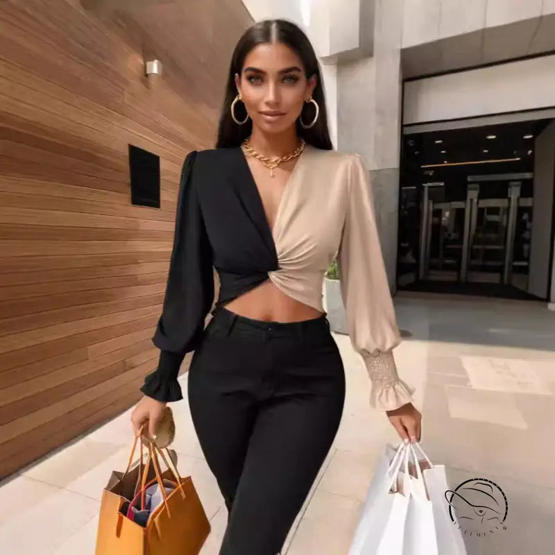 Elegant color matching two-tone crop top with long sleeves