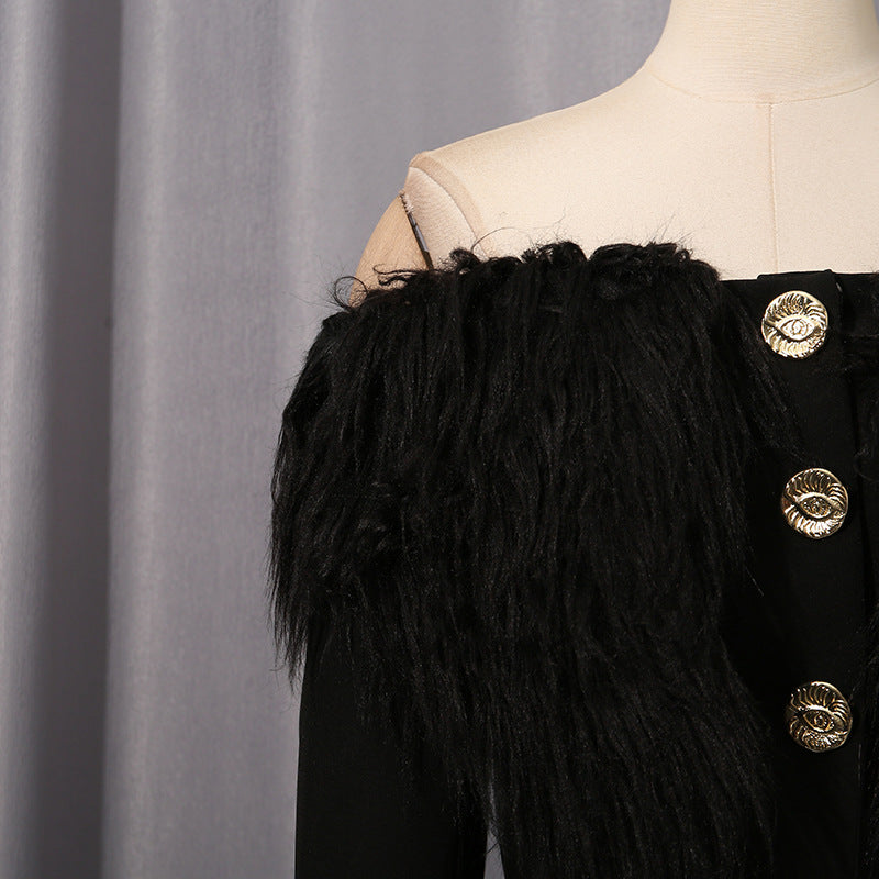 Elegant langry fashion blazer: black feathered jacket with gold buttons