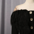 Elegant langry black feathered blazer with gold buttons and off-shoulder fashion design