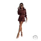 Elegant office set: woman in brown patterned romper