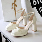 Elegant cream Strap Super High Heel sandals with bow and ankle strap from Langry fashion