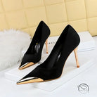 Black suede langry fashion pumps with gold pointed toes and stilettos