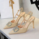 Langry fashion classy high heel sandal in champagne patent leather with rhinestone buckle