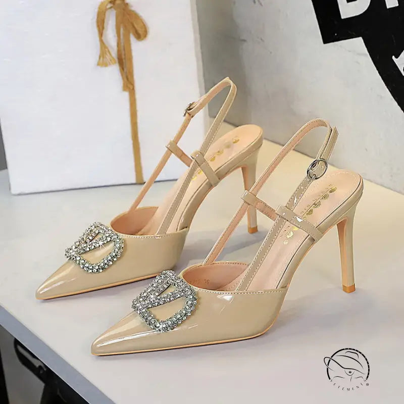 Classy langry fashion high heel sandal in champagne patent leather with rhinestone buckle