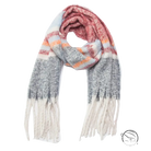 Cozy warm wool scarf in pink, orange, gray, white plaid with fringe