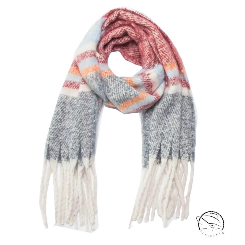 Cozy warm wool scarf in pink, orange, gray, white plaid with fringe