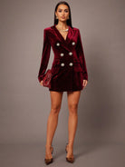 Elegant burgundy velvet slim blazer dress by Langry fashion, ملابس