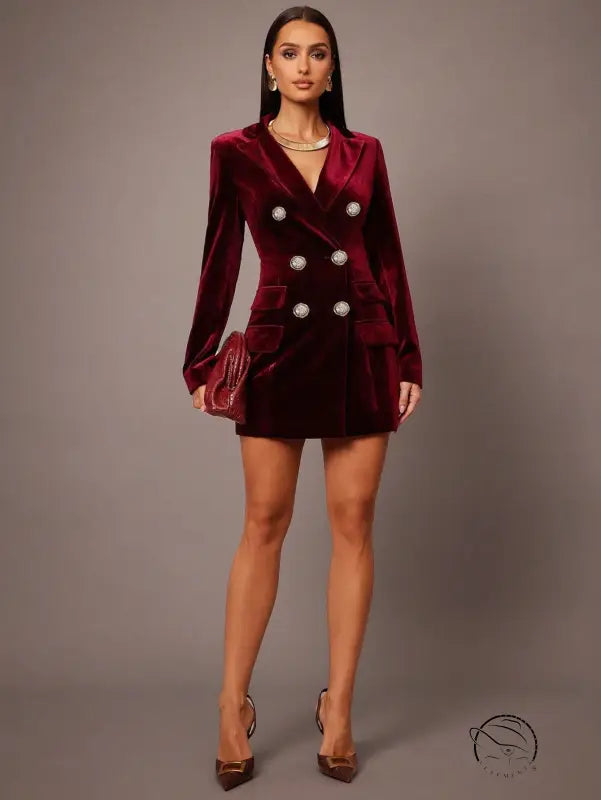 Elegant langry burgundy velvet blazer dress in fashion ملابس